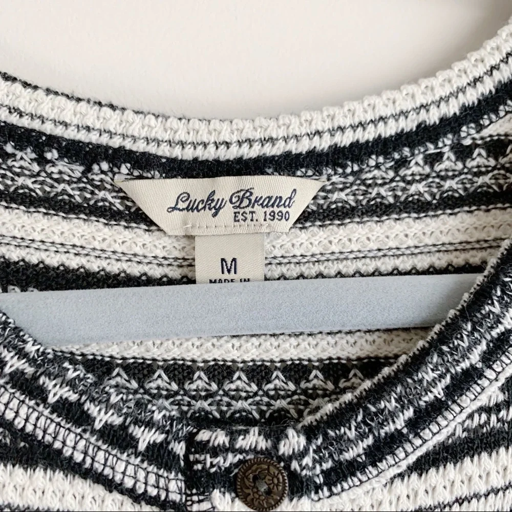 LUCKY BRAND Chloe Striped Thermal Henley Top Waffle Knit Black White Size Medium - Picture 5 of 6